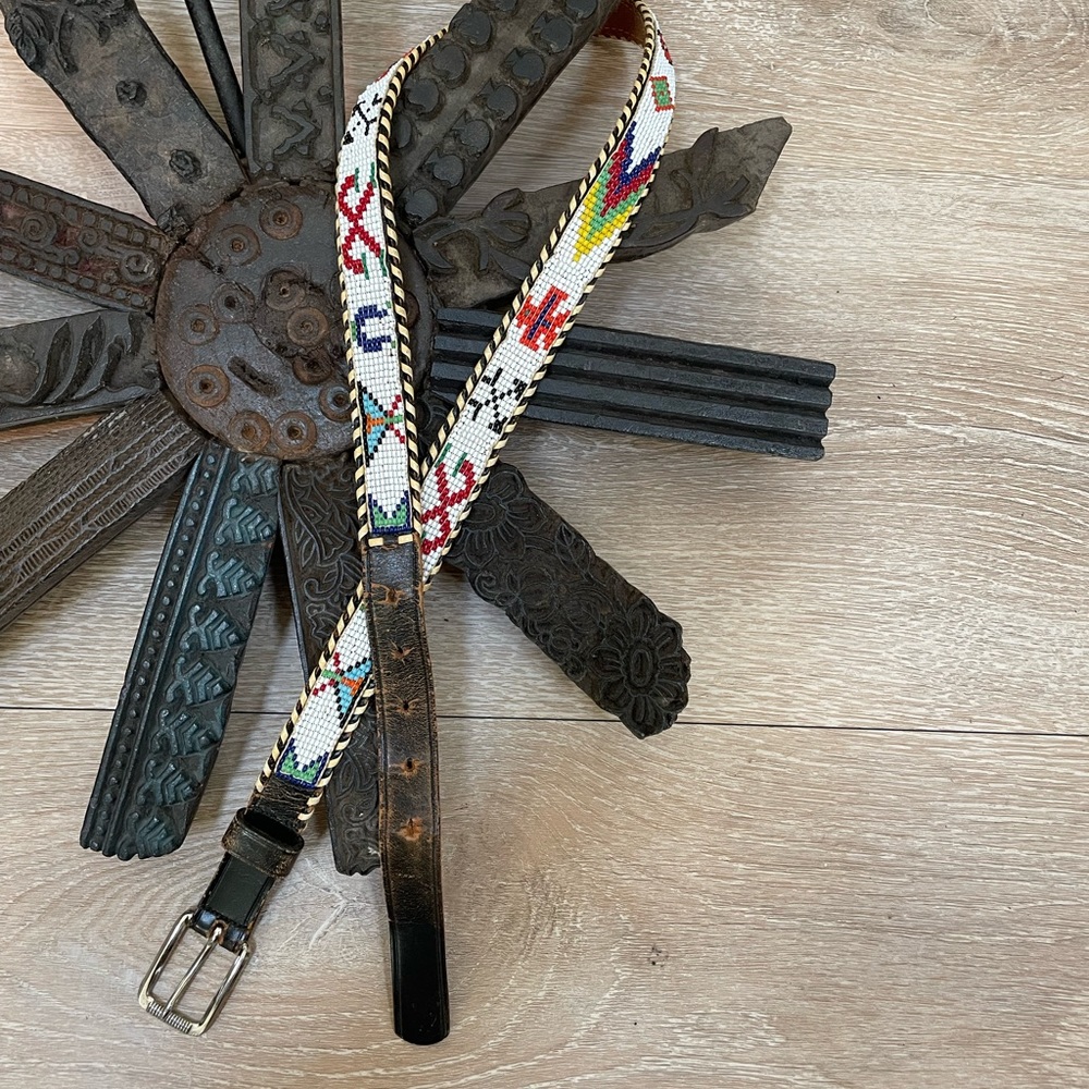 Vintage Beaded Leather Souvenir Belt, Size 35.5